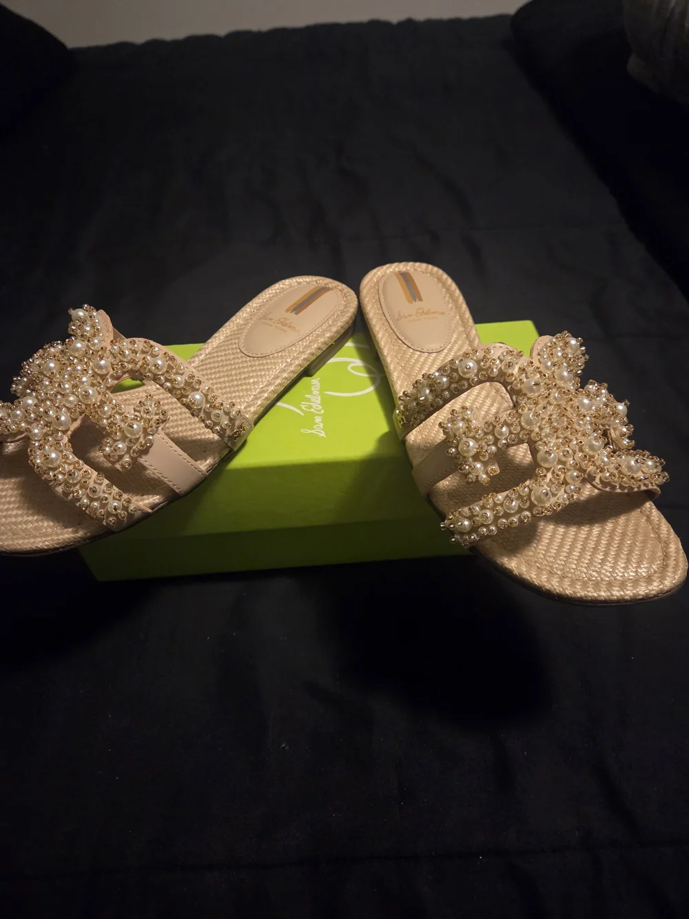 Sam Edelman Gold Pearl & Crystal Embellished Slide Sandals